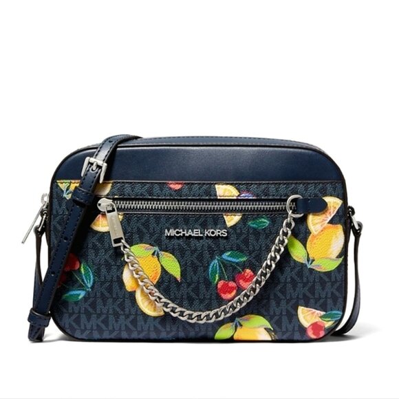 Micheal Kors Jet Set Admiral Large Fruit Print Logo Crossbody Bag Navy - Picture 1 of 16